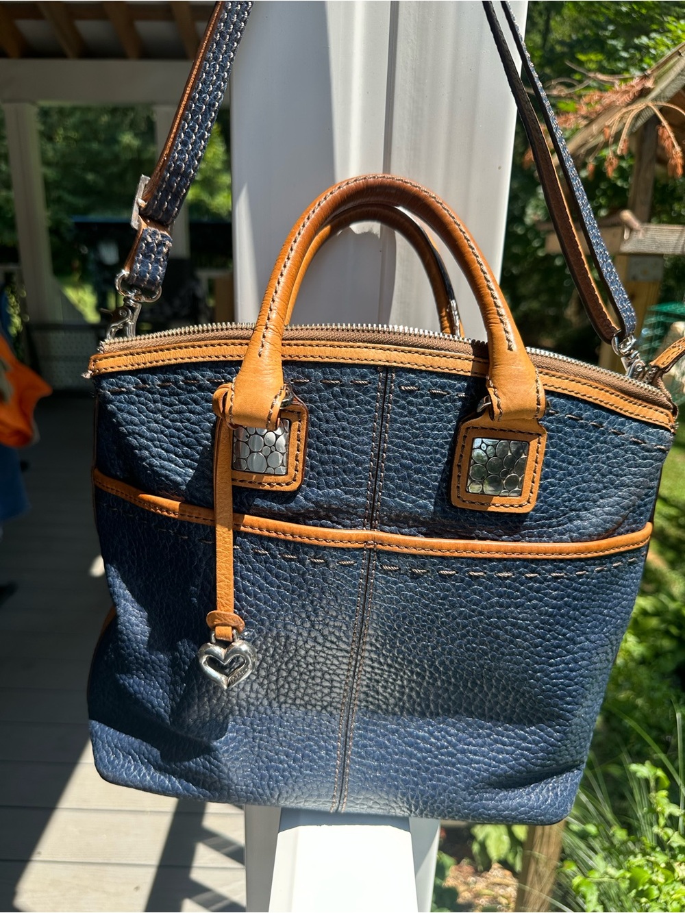 Brighton Navy Blue pebbled leather with Tan Leather Patch Tote - Picture 1 of 15